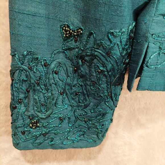 VTG Spiegel Womens S Turquoise Silk Jacket Beads Metallic Stitching Formal Party - Picture 5 of 16